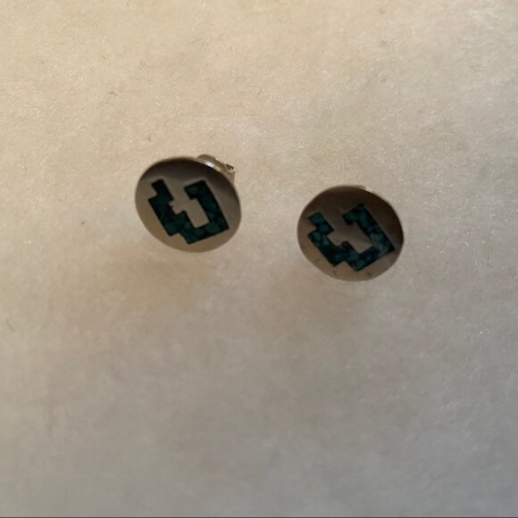 EARRINGS STERLING SILVER 925 DISCS TURQUOISE BLUE INLAY PIERCED POSTS - Picture 3 of 6